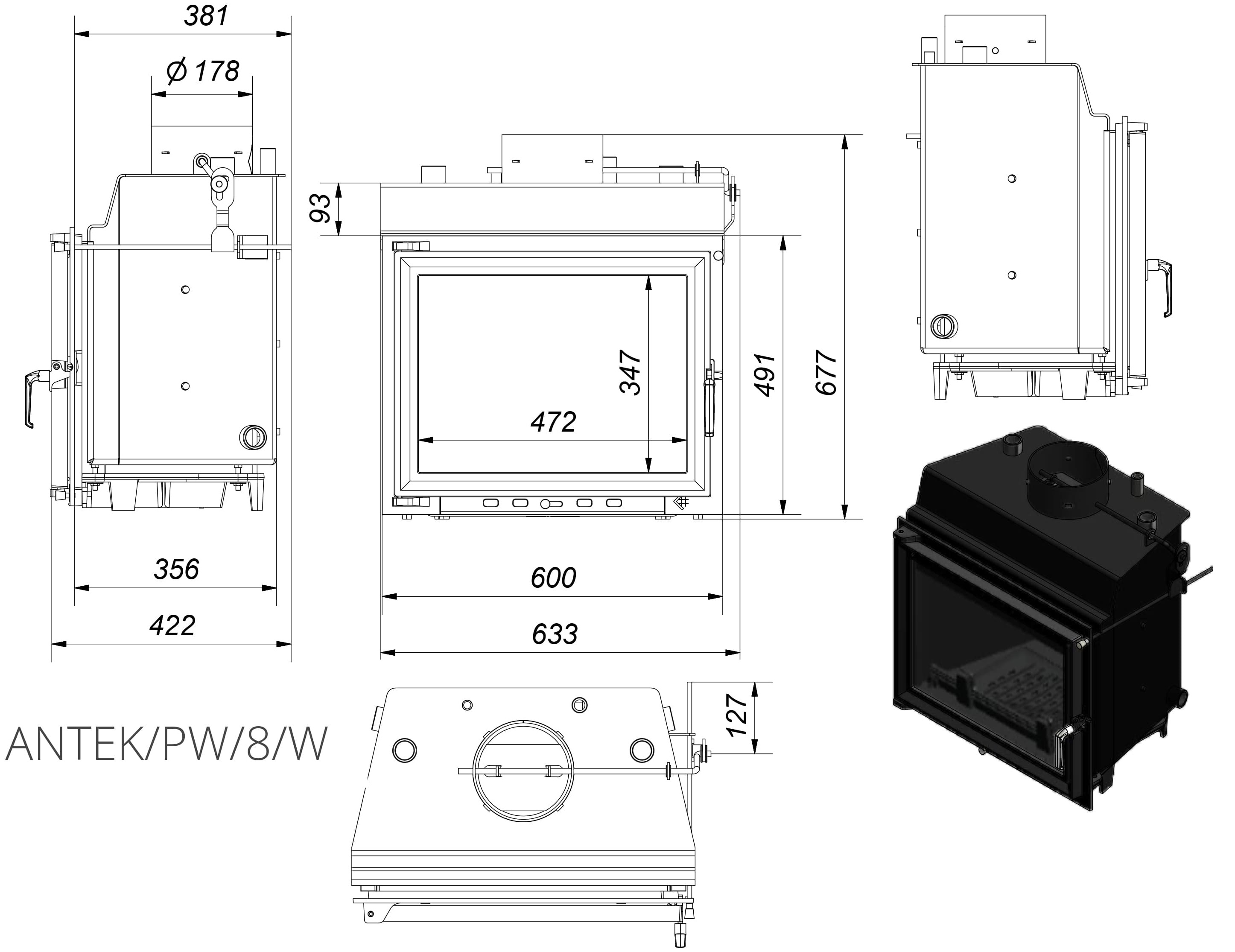 Каминная топка Kratki ANTEK PW 8 с водяным контуром (Кратки Антек)
