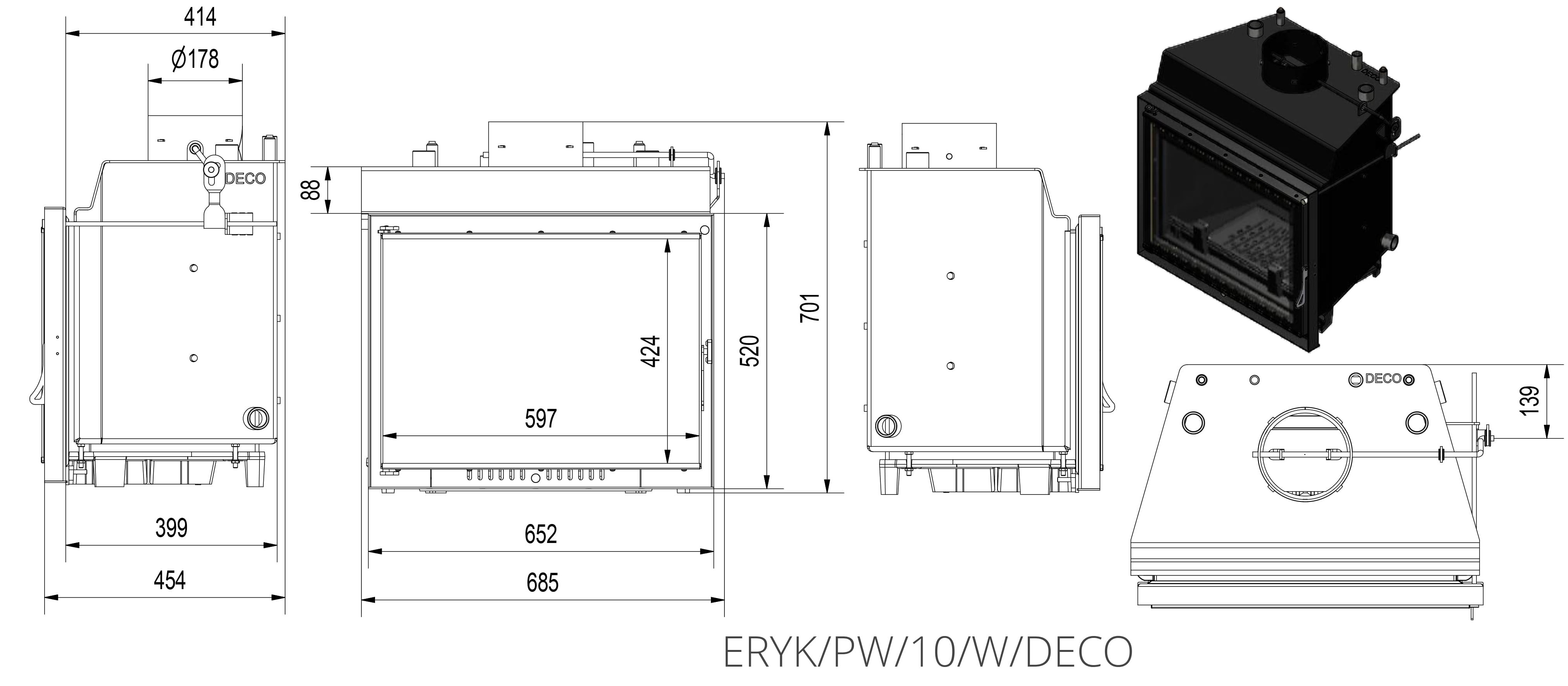 Каминная топка Kratki ERYK PW / PW DECO с водяным контуром (Кратки Эрик)